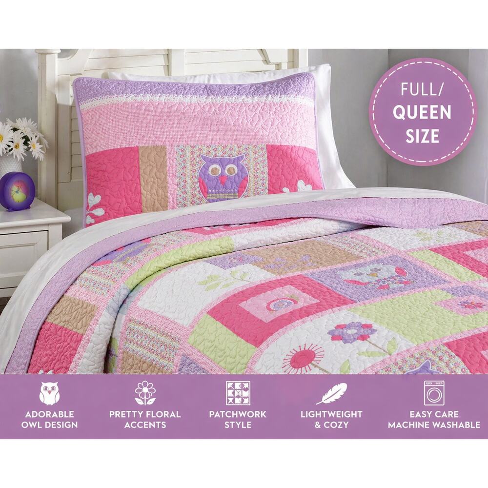 Happy Owls Quilt Set Full Queen Pink Purple Floral Cottage Bedding